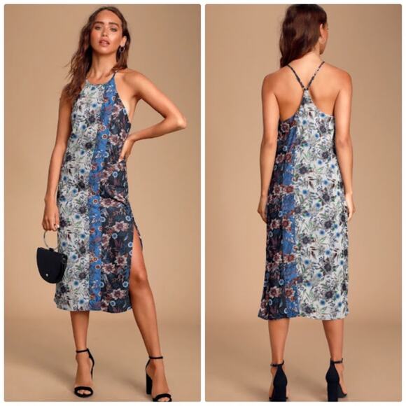 Lulus Lullaby Womens Multi Print Floral Midi Dress Side Slit in Blue Size Medium - Picture 1 of 7